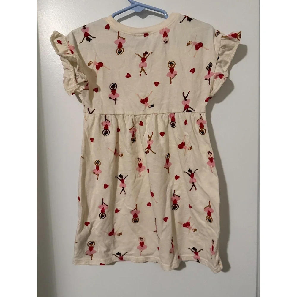 Old Navy Girls‎ Ballerina Heart Print Flutter Sleeve Jersey Dress Cream Pink 3T